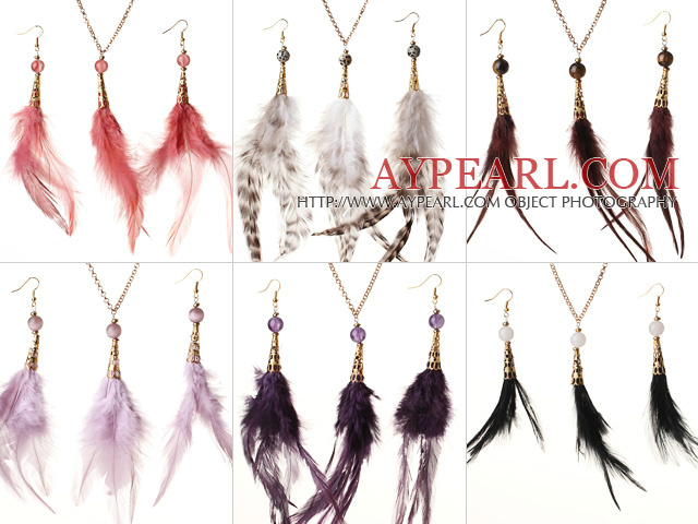 6 Sets Beautiful Multi Color Crystal Feather Pendant Necklace with Matched Earrings