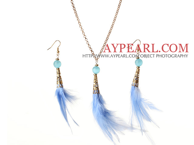 New Fashion Style Blue Feather Pendant Necklace with Matched Earrings