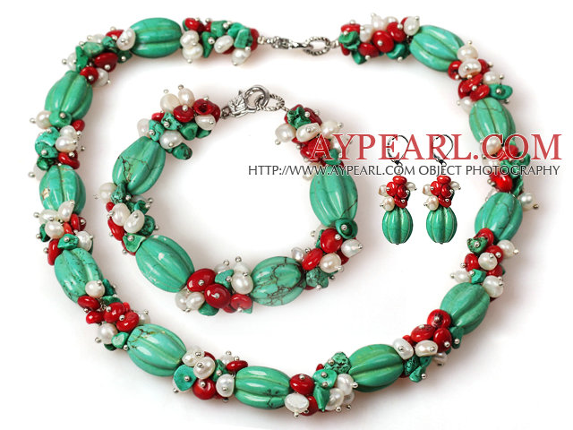 Assorted Turquoise Pumpkin and White Pearl and Red Coral Set ( Necklace Bracelet and Matched Earrings )