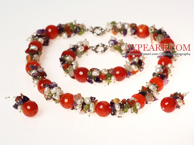 White Pearl and Amethyst and Carnelian Jewelry Sets ( Necklace Bracelet and Matched Earrings )