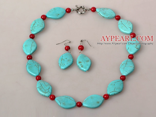 Horse Eye Shape Turquoise and Coral Jewelry Sets ( Necklace and Matched Earrings )