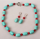 Drum Shape Turquoise and Coral Jewelry Sets ( Necklace and Matched Earrings )