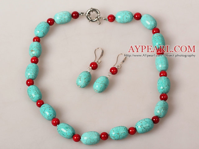 Drum Shape Turquoise and Coral Jewelry Sets ( Necklace and Matched Earrings )