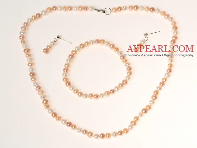Klassisk design Vitt och rosa och lila pärla pärlstav Jewelry Sets (Halsband Armband och Studs) 