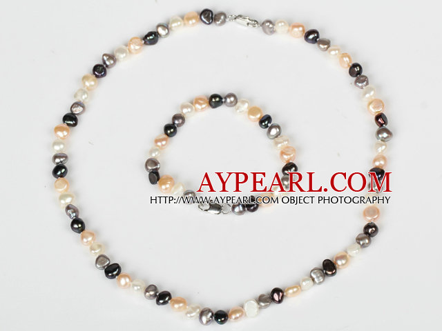 6-7mm Gray and White and Multi Color Freshwater Pearl Set ( Necklace and Matched Bracelet )
