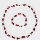 6-7mm White and Wine Red and Black Freshwater Pearl Set ( Necklace and Matched Bracelet )
