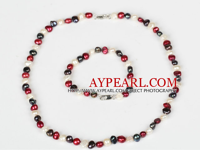 6-7mm White and Wine Red and Black Freshwater Pearl Set ( Necklace and Matched Bracelet )