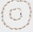 6-7mm White and Pink and Gray Freshwater Pearl Set ( Necklace and Matched Bracelet )