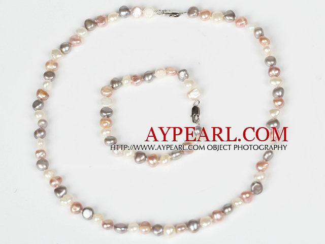 6-7mm White and Pink and Gray Freshwater Pearl Set ( Necklace and Matched Bracelet )