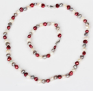 6-7mm White and Gray and Wine Red Freshwater Pearl Set ( Necklace and Matched Bracelet )