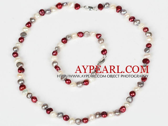 6-7mm hvit og grå og Wine Red Freshwater Pearl Set (halskjede og matchet armbånd)