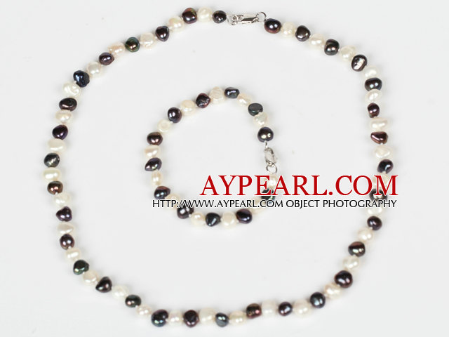 6-7mm hvit og svart Freshwater Pearl Set (halskjede og matchet armbånd)