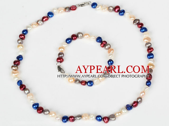 6-7mm Mixed Color Sötvatten Pearl Set (Halsband och matchade Armband)