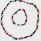 6-7mm Green and Wine Red and Gray Color Freshwater Pearl Set ( Necklace and Matched Bracelet )