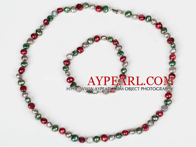 6-7mm vert et le vin rouge et gris perle d'eau douce Set (Collier et bracelet assorti)