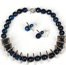 14mm ronde bleu foncé Agate Perles Set (Collier et boucles d'oreilles appariées)