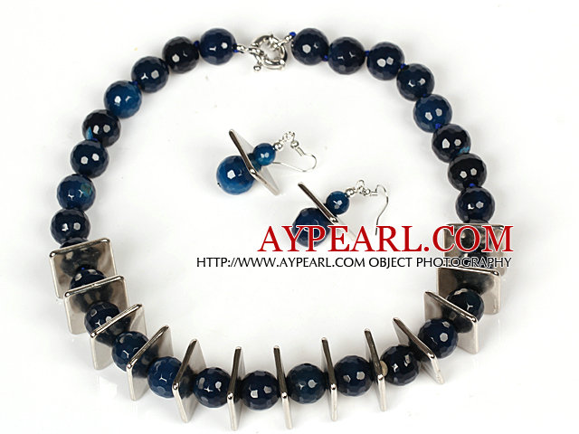 14mm Round Dark Blue Agate Beads Set ( Necklace and Matched Earrings )