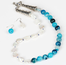 Water Drop Pearl and Stripe Blue Agate Necklace and Matched Earrings Set