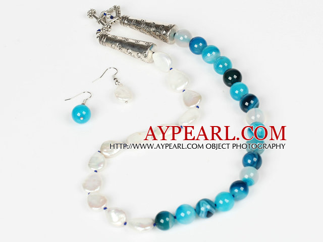 Water Drop Pearl and Stripe Blue Agate Necklace and Matched Earrings Set