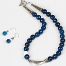 Dark Blue Agate and White Porcelain Stone Necklace and Matched Earrings Set