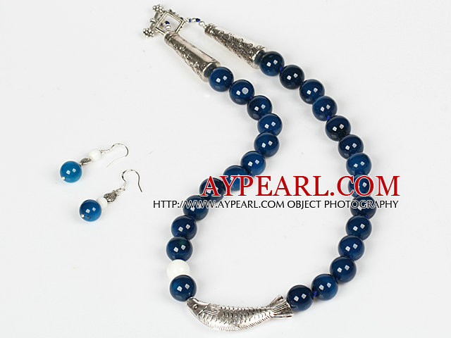 Dark Blue Agate and White Porcelain Stone Necklace and Matched Earrings Set