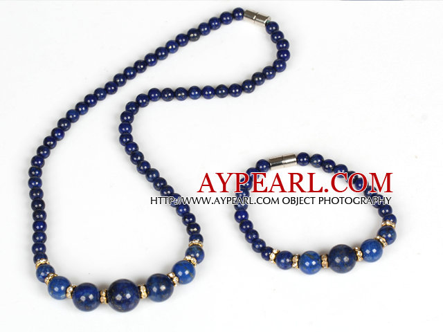 Round Lapis Jewelry Set ( Graduated Necklace and Matched Bracelet )