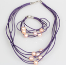 10-11mm Pink Freshwater Pearl og Purple Leather Halskjede armbånd Set