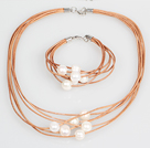 10-11mm blanc perle d'eau douce et ronde en cuir brun Bracelet Collier Set