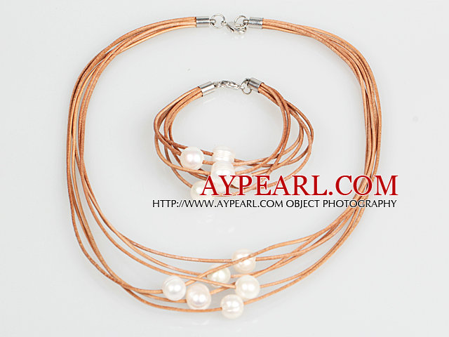 10-11mm White Round Freshwater Pearl and Brown Leather Necklace Bracelet Set