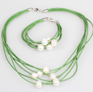 10-11mm White Freshwater Pearl and Green Leather Necklace Bracelet Set