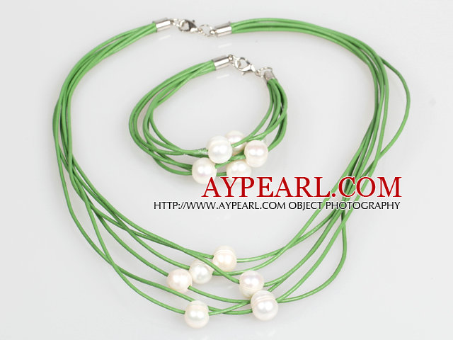 10-11mm White Freshwater Pearl and Green Leather Necklace Bracelet Set