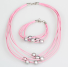 10-11mm Gray Freshwater Pearl and Pink Leather Necklace Bracelet Set