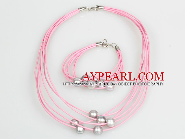 10-11mm Gray Freshwater Pearl and Pink Leather Necklace Bracelet Set