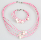 10-11mm White Freshwater Pearl and Pink Leather Necklace Bracelet Set