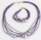 10-11mm Gray Freshwater Pearl and Purple Leather Necklace Bracelet Set