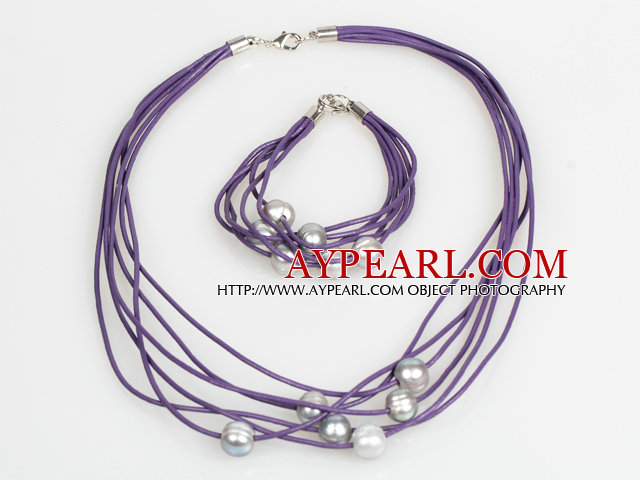 10-11mm Gray Freshwater Pearl and Purple Leather Necklace Bracelet Set