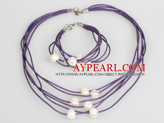 10-11mm hvit ferskvannsperle og Purple Leather Halskjede armbånd Set