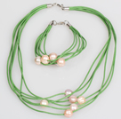 10-11mm Pink Purple Freshwater Pearl and Green Leather Necklace Bracelet Set
