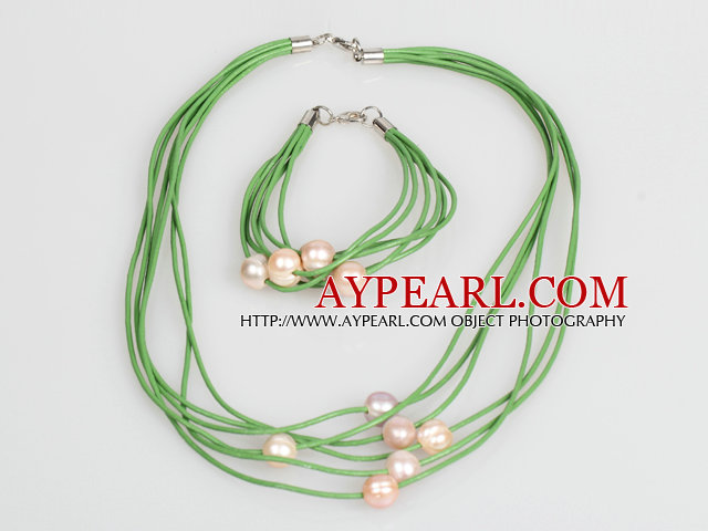 10-11mm Pink Purple Freshwater Pearl and Green Leather Necklace Bracelet Set