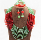 Sjarmerende 10 Layers Bright Rød Grønn krystall perler Costume afrikansk bryllup smykker Set (kjede med Mathced armbånd og øredobber)