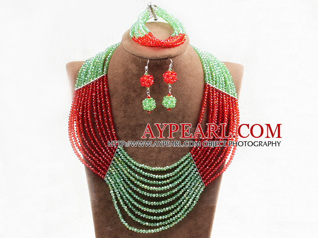 Charme 10 couches Bright Red Vert Perles de Cristal Costume africaine bijoux de mariage (Collier Avec Mathced bracelet et boucles d'oreilles)