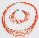 10-11mm Purple Freshwater Pearl and Orange Leather Necklace Bracelet Set