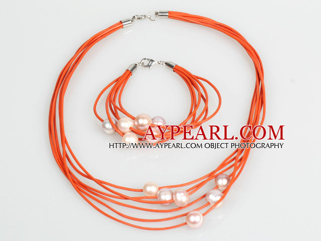 10-11mm Purple Freshwater Pearl and Orange Leather Necklace Bracelet Set