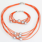 10-11mm Gray Freshwater Pearl and Orange Leather Necklace Bracelet Set