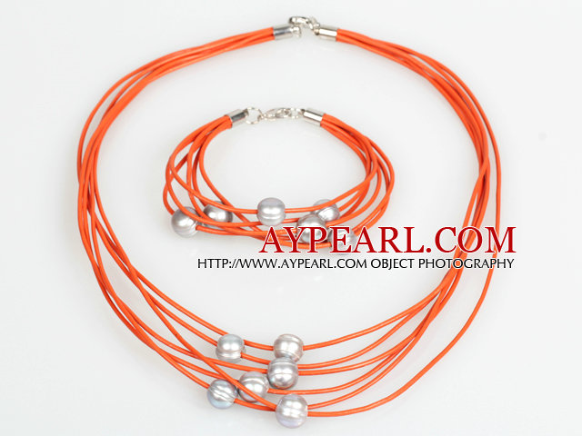 10-11mm Gray Freshwater Pearl and Orange Leather Necklace Bracelet Set