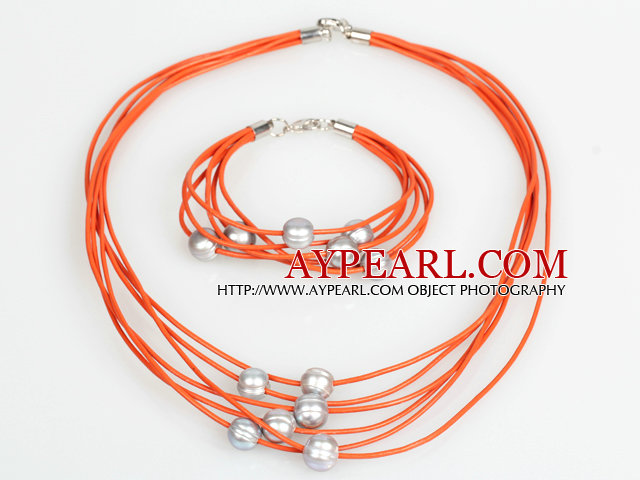 10-11mm de apă dulce Pearl Gray și piele Orange colier bratara set