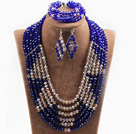 Fabulos 6 straturi Light Brown & Albastru inchis margele de cristal Costum african Set de bijuterii de nunta (colier cu bratara si cercei Mathced)
