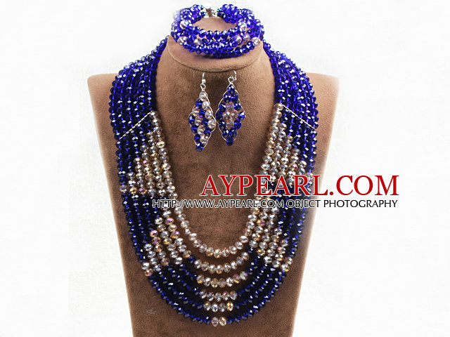 Fabulous 6 Layers Light Brown & Dark Blue Crystal perler Costume afrikansk bryllup smykker Set (kjede med Mathced armbånd og øredobber)