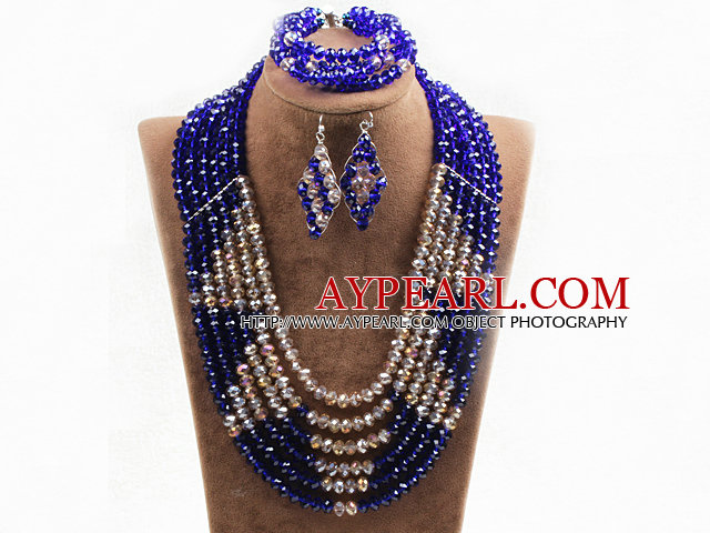 Fabulous 6 Layers Light Brown & Dark Blue Crystal Beads Costume African Wedding Jewelry Set (Necklace With Mathced Bracelet And Earrings)