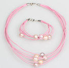 10-11mm Pink Purple Freshwater Pearl and Pink Leather Necklace Bracelet Set